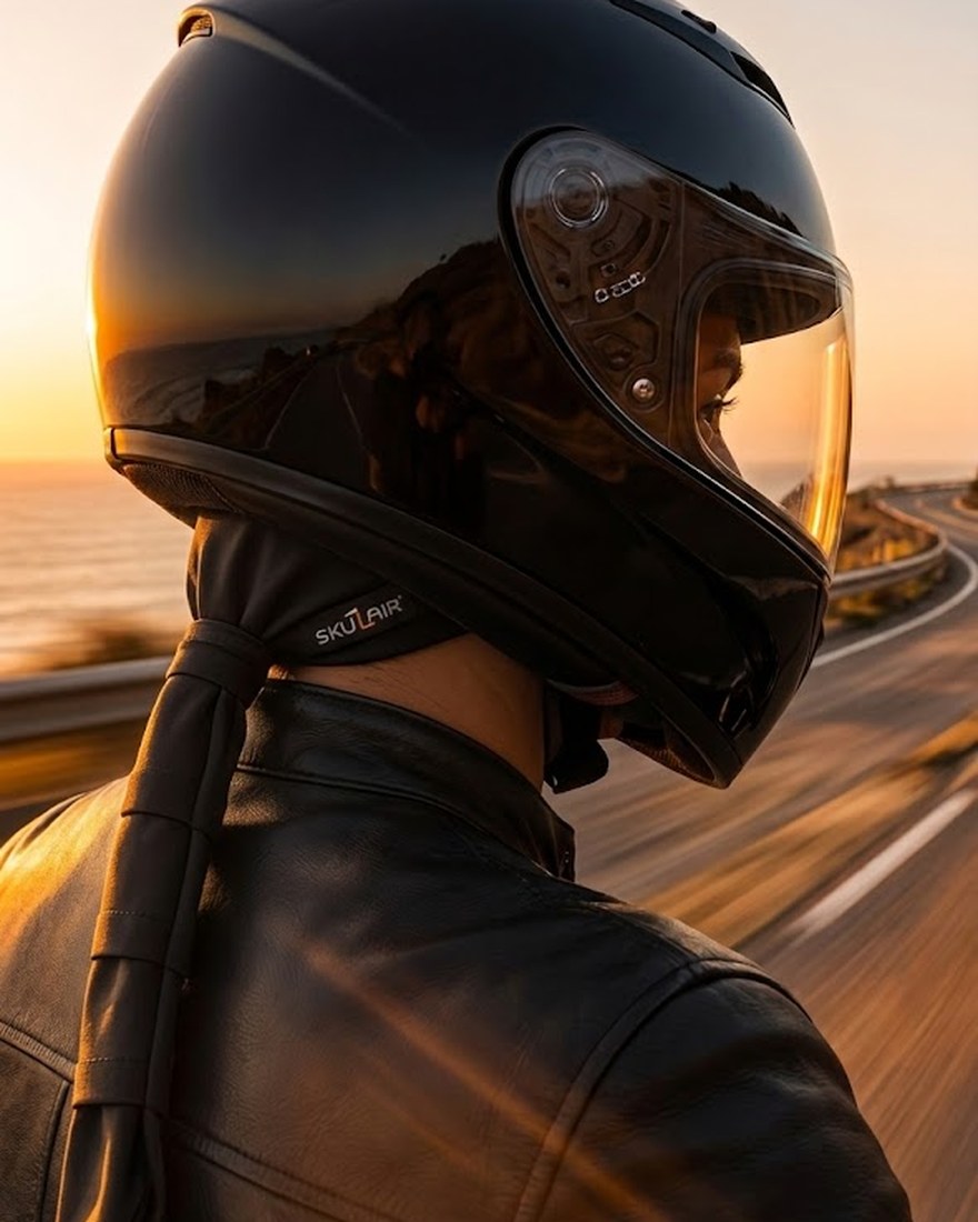 SKULAIR worn under a helmet at sunset, fabric tail trailing in the wind