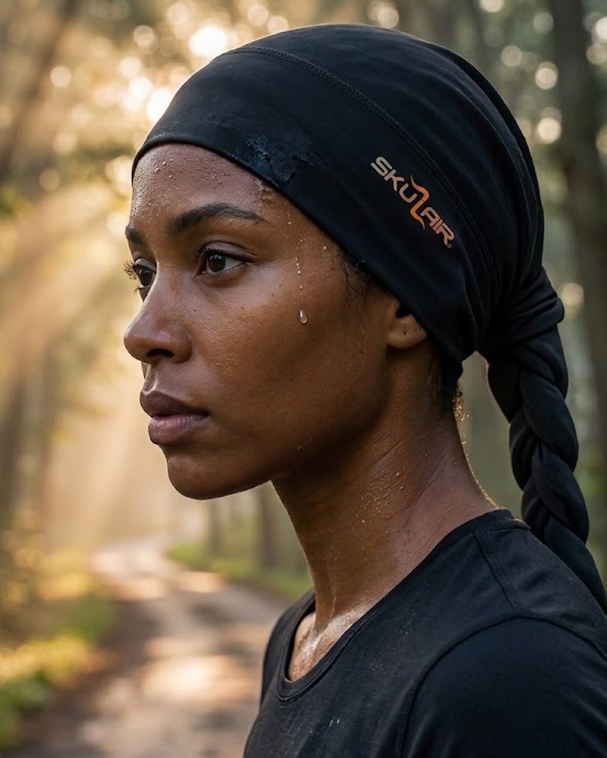 SKULAIR worn as a brow band by a runner, mid-effort, sweat at the brow
