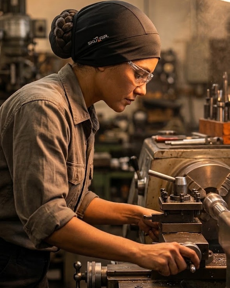 SKULAIR containing braided hair under safety glasses at a workshop lathe