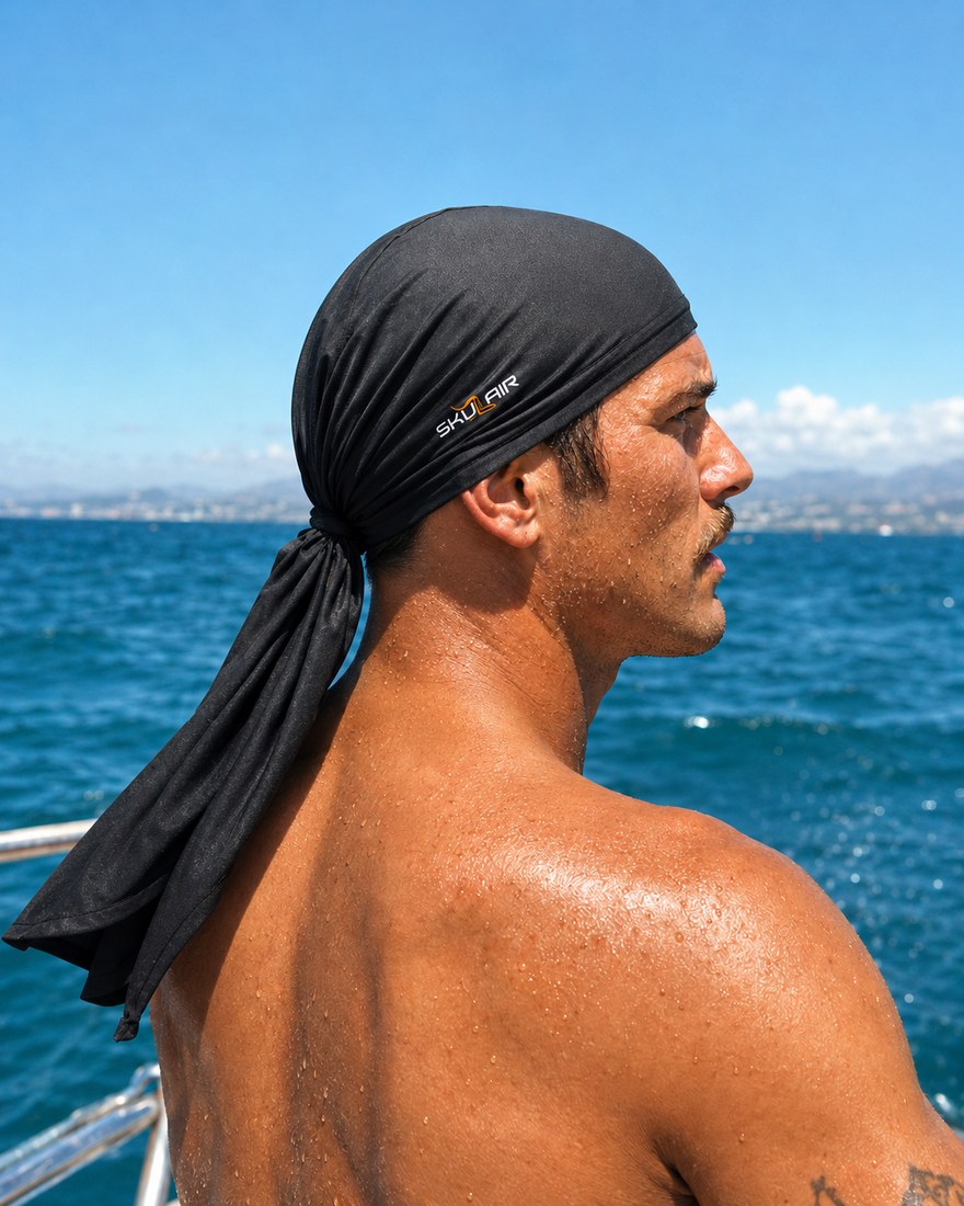 SKULAIR worn on the deck of a sailboat under direct sun, salt spray on skin