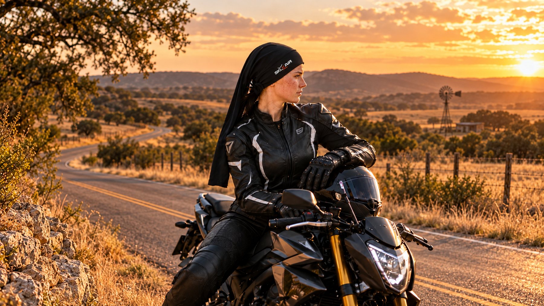 SKULAIR® a rider in black SKULAIR HeadGear beside her motorcycle on a Texas hill-country road at sunset