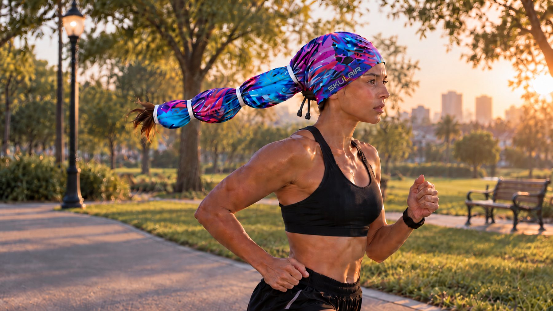 SKULAIR® a runner in Neon Zebra SKULAIR HeadGear at sunrise, hair fully contained in the tail