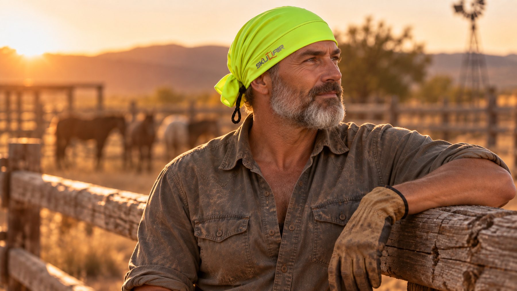 SKULAIR® a rancher in Neon Yellow SKULAIR HeadGear at a corral fence in the evening sun