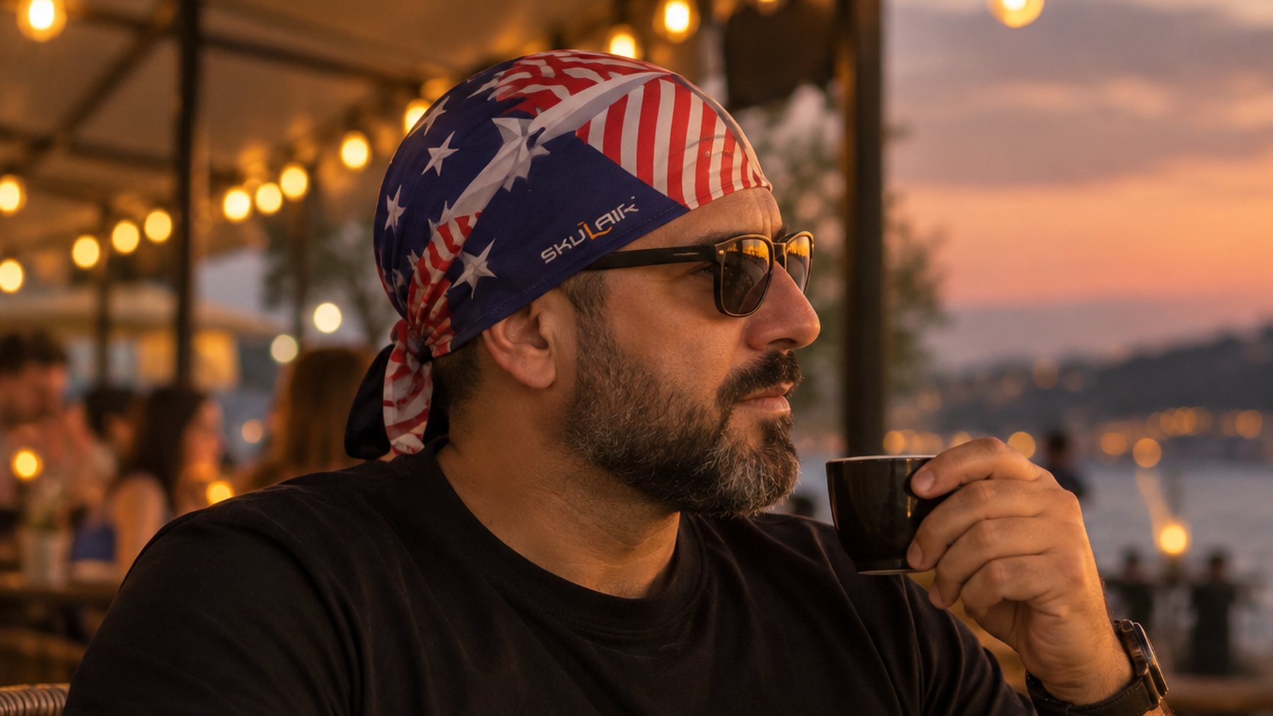 SKULAIR® a man in Red White & Blue SKULAIR HeadGear at a waterside cafe at dusk
